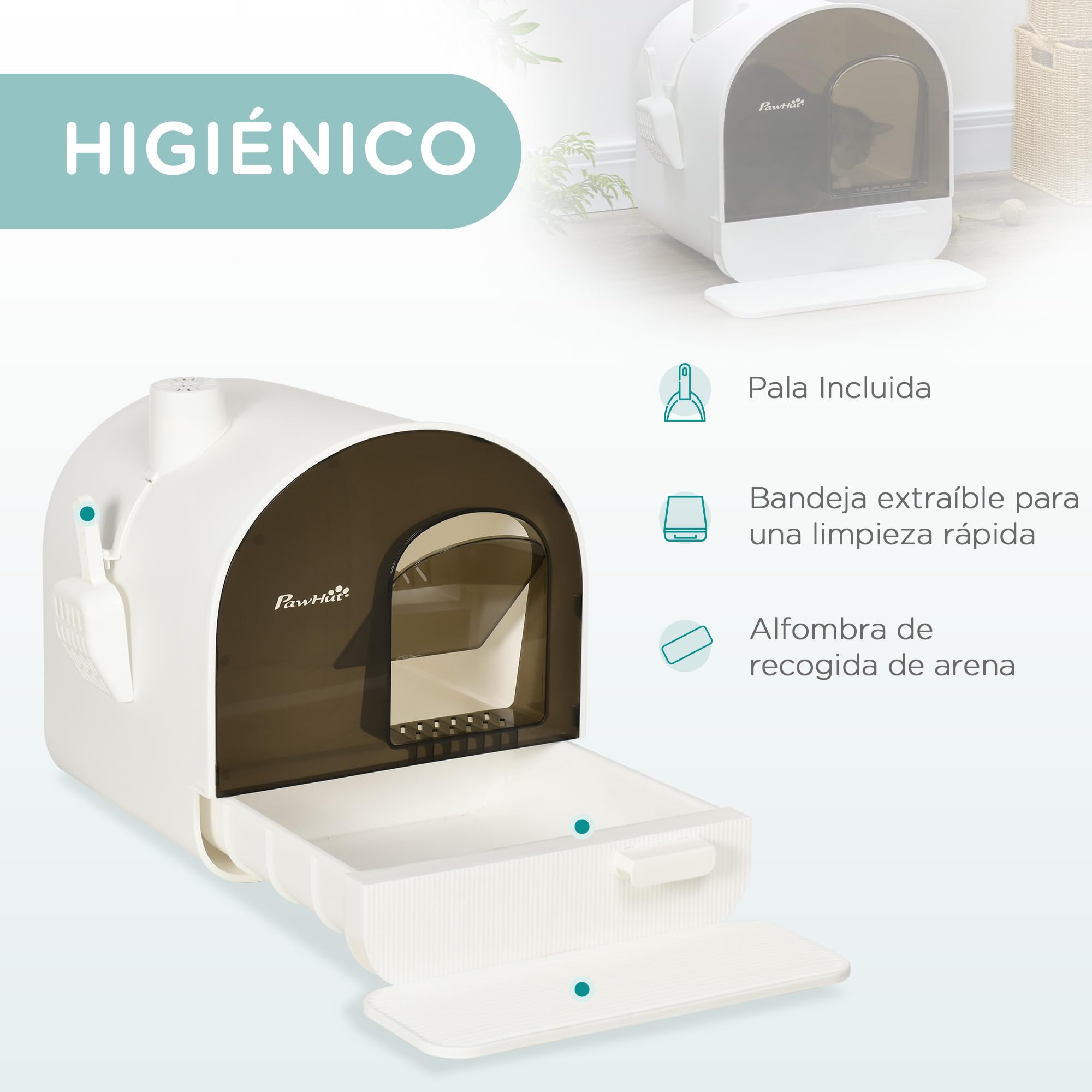 PawHut Arenero Cerrado para Gatos Bandeja Extraíble 43x44x47 cm Blanco | Caja de Arena para Gatos, Pala, Alfombrilla Antirrastreo, Filtro para Control de Olores, Puerta Abatible, Fácil de Limpiar