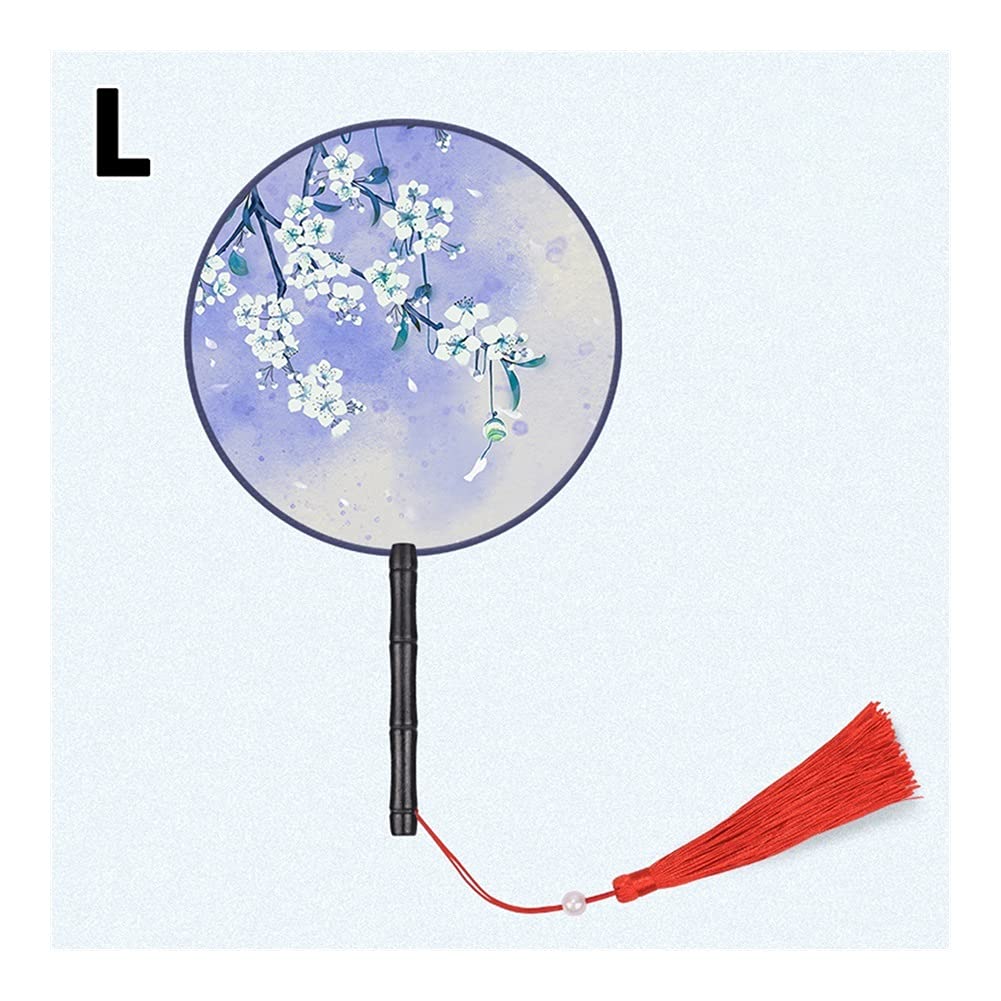 NZPOST Folding fan Chinese Japanese Style Hand Fan with Wooden Handle Portable Handheld Vintage Round Tassel Dance Fan Wedding Favors fan (C)