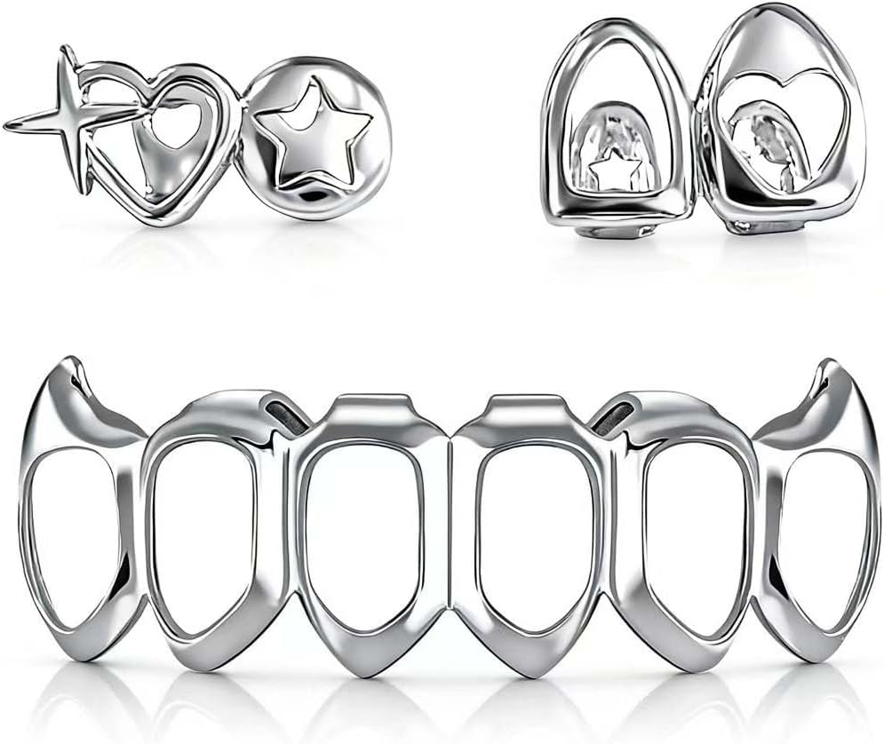 Gold Grillz Set Open Face Hip Hop Teeth Jewelry Gold Plated Dental Caps for Top Bottom Removable Grills for Men Women