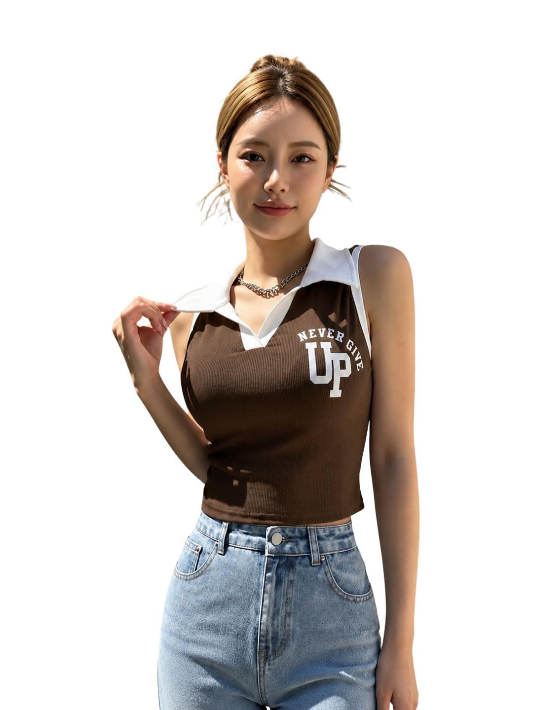 Women Brown Crop Polo Top Sleeveless Casual Slim Fit Stylish Summer Wear-image-43
