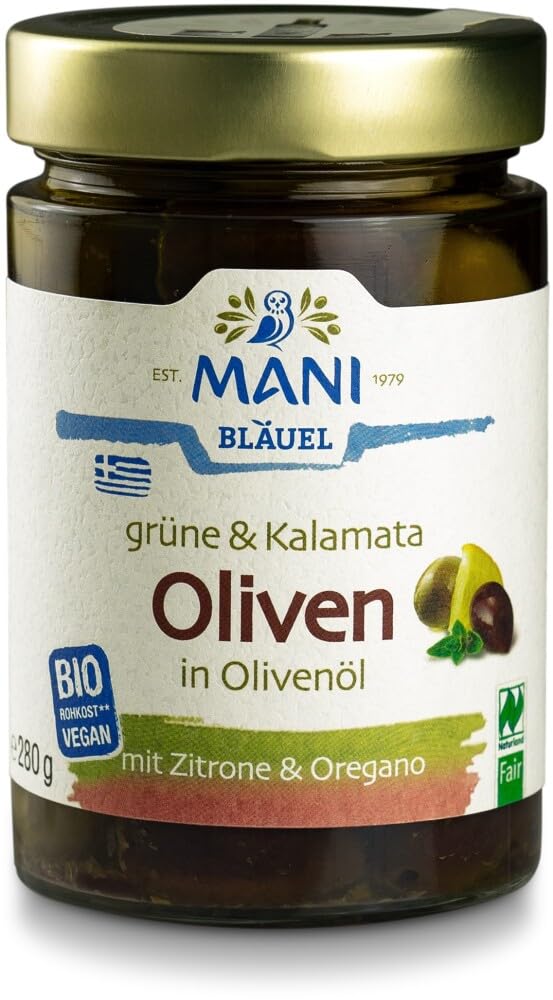 MANI Grüne & Kalamata Oliven in Olivenöl, bio, NL 18 x 280 g