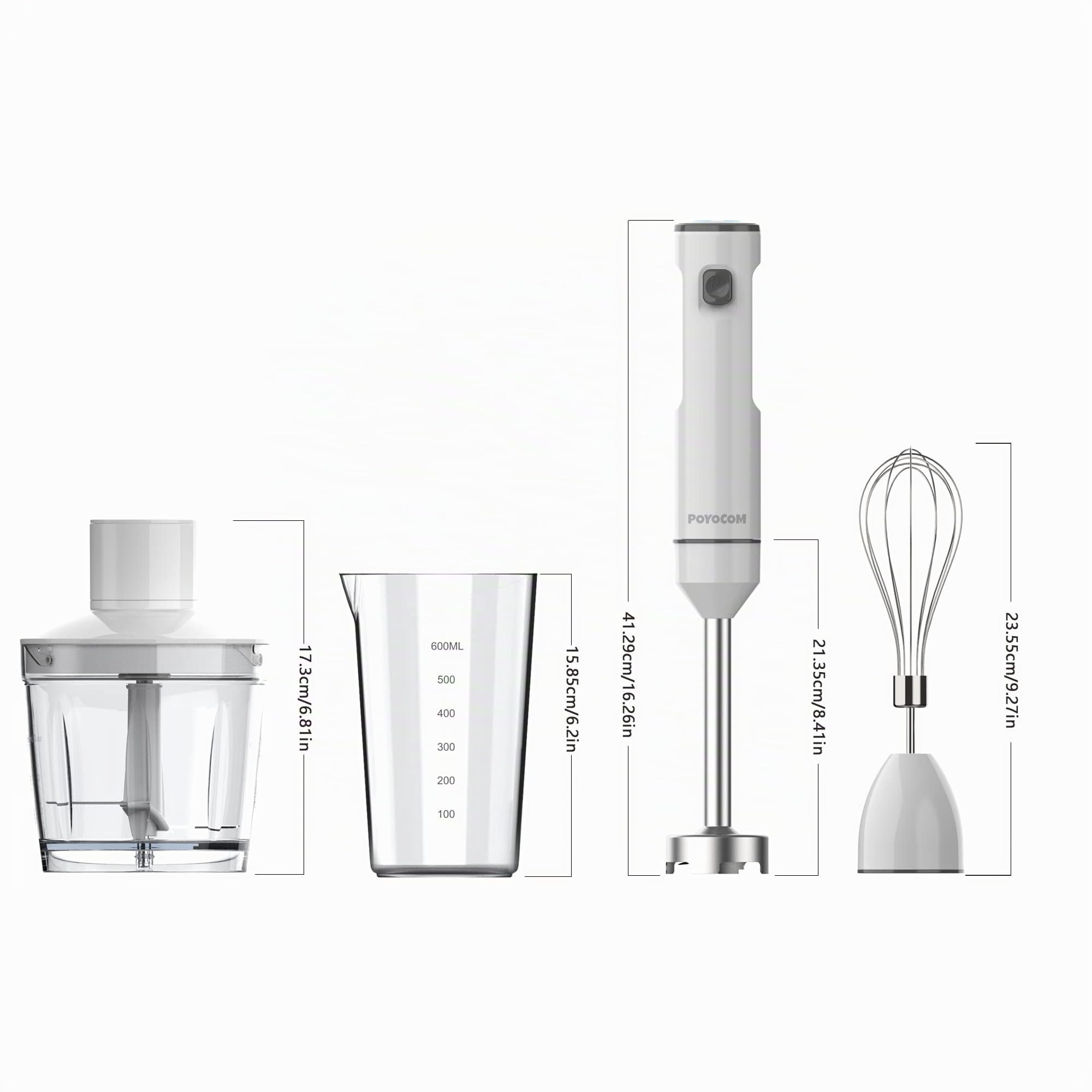 Mixeur plongeant sans fil, mixeur à immersion rechargeable, avec câble de type C, fouet à œufs, hachoir de 500 ml, récipient de 600 ml pour smoothies, milkshakes, sauces et soupes – Blanc