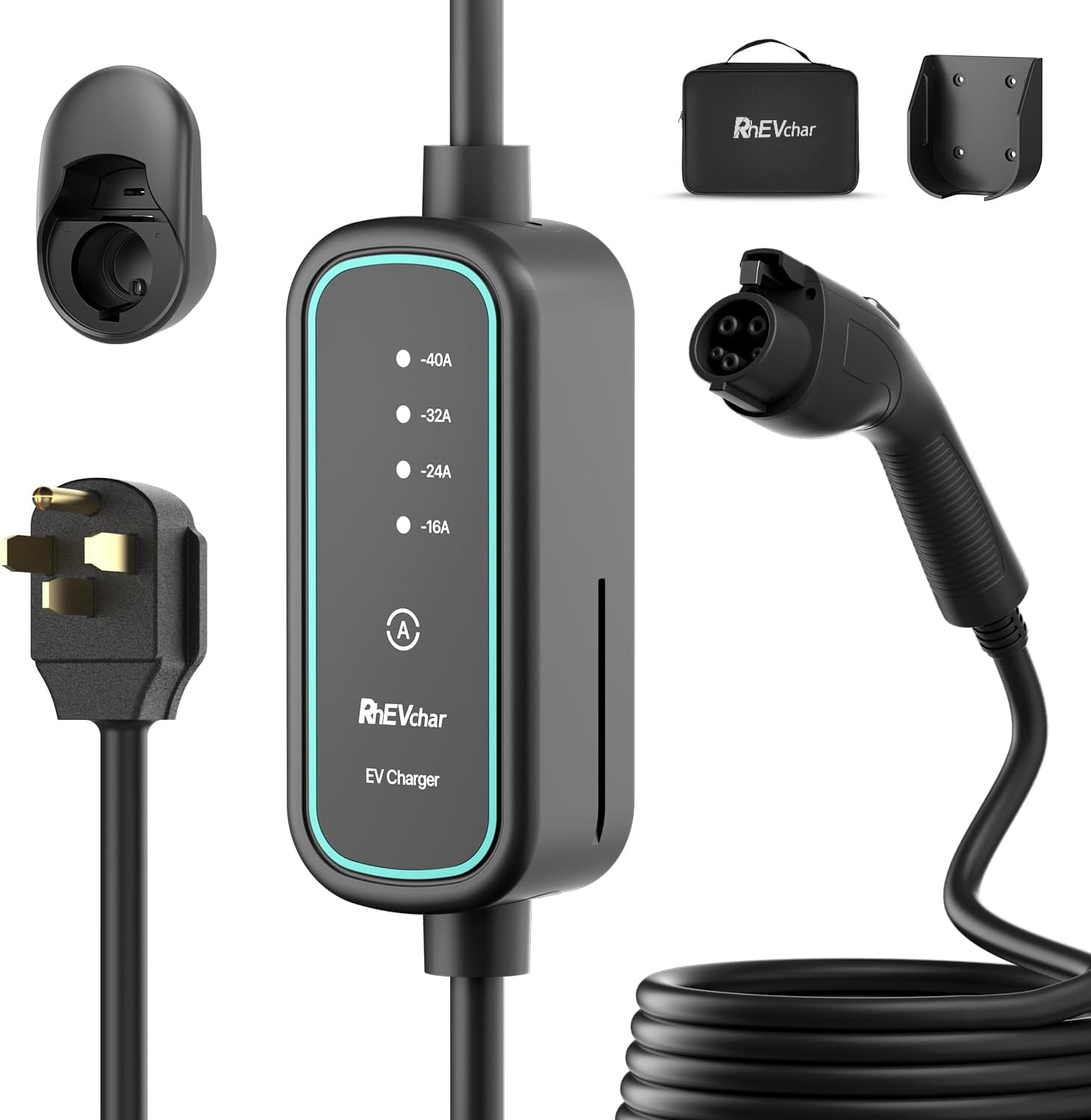 40A Level 2 EV Charger with J1772 Connector, 16-40A Adjustable Mobile Electric Vehicle Chargers with NEMA 14-50 Plug, 25FT Cable 240V 9.6kw Car Charging Sations