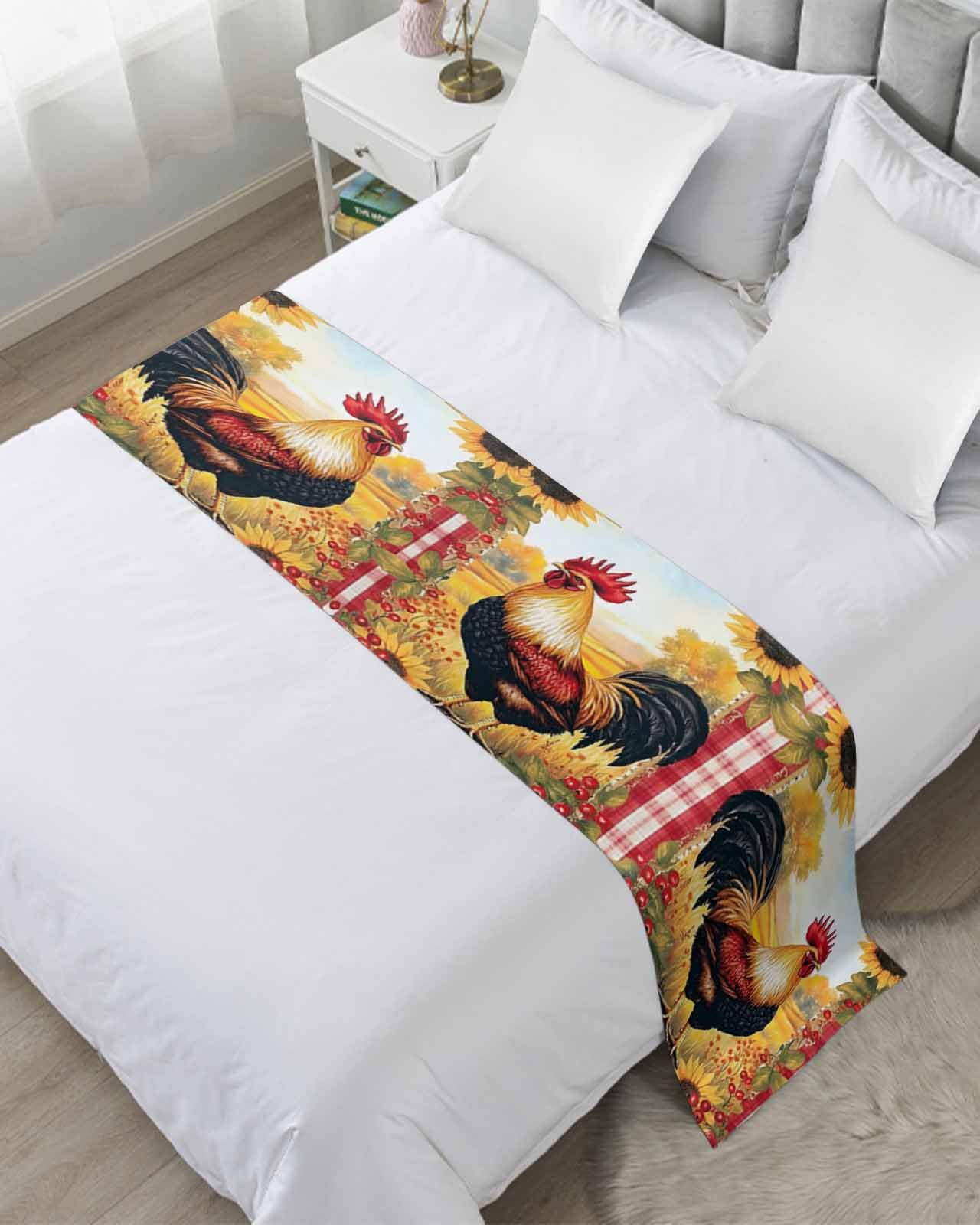 Retro Rooster Bed Runner for Full/Queen Size, Yellow Sunflower Red Plaid Farmhouse Bedspread Protector Slipcover Bed Scarf for Foot Runners & Scarves for Bedroom Hotel Wedding Room 83x20 Inches