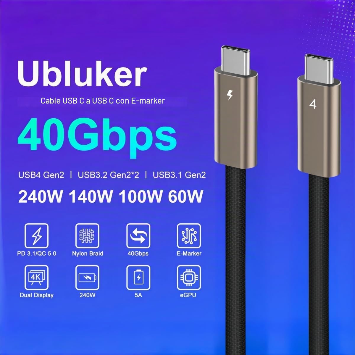 Ubluker Cable USB C a USB C 40Gbps 1M, 240W 100W 60W USB4 24PIN para Thunderbolt 4 Emarker 48V 5A PD 3.1 Video Audio Sinc Cargador Rápido para iPhone17 16 15 Galaxy S26 25 Monitor PC Mac Portátil