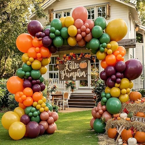 Image of Retro Balloon Garland Double Stuffed Dusty Pink Orange Mustard Yellow Sage Green Purple Fall Balloon Arch Kit for Birthday Baby Shower Festival Thanksgiving Party Decorations