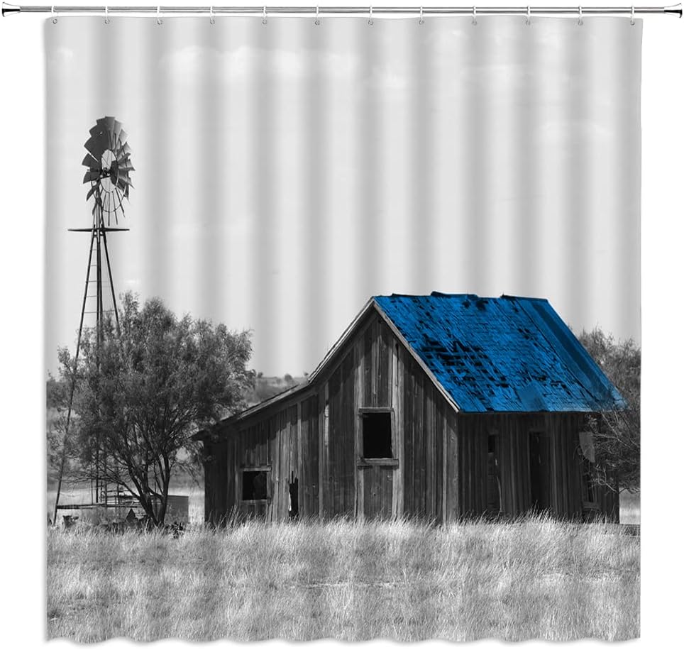 Sunhe Farmhouse Shower Curtain Black Gray Teal Rustic Vintage Gray Barn Windmill Grassland Tree Primitive Western Farm Country Style Fabric Bathroom Decor Polyester Curtain with Hooks