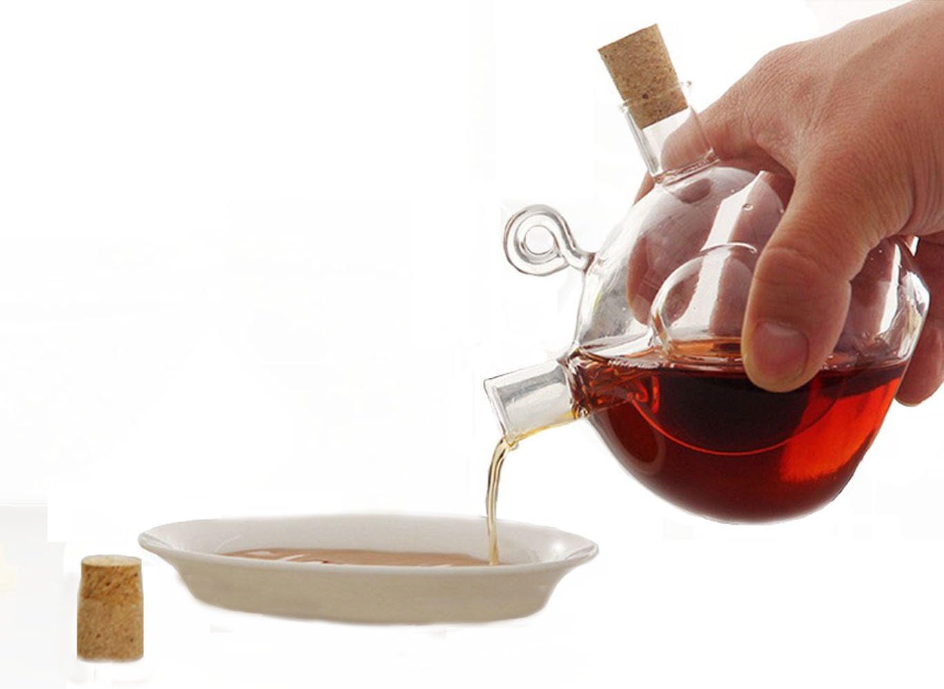 ELETON 2 in 1 Oil and Vinegar Dispenser Bottle, Kitchen Supplies Glass Olive Oil and Balsamic Vinegar Cruet Bottle with Cork Stoppers, Hand-blown Glass Jar, Soy Sauce Cruet in One