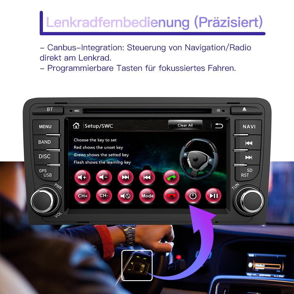 Junsun 2-DIN Autoradio für Audi A3/S3/RS3 2003–2012, 7 Zoll Touchscreen mit CD/DVD-Laufwerk, Lenkradsteuerung, MirrorLink, USB, Bluetooth, FM/AM Radio