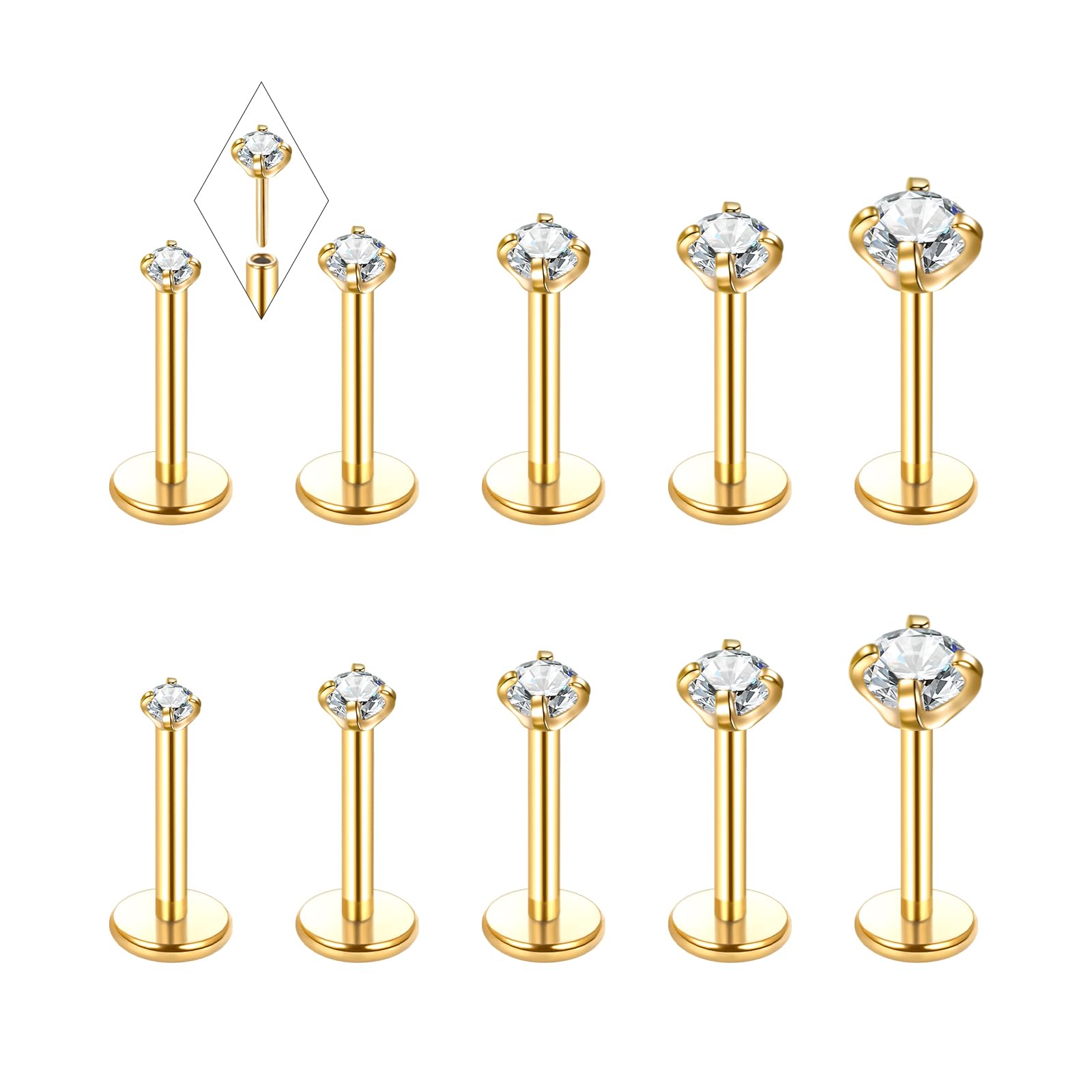 Oveta Threadless Nose Stud Stainless Steel 20G 18G 16G Threadless Flat Back Tragus Earrings Labret Medusa Monroe Ashely Lip Piercing Jewerly Gold