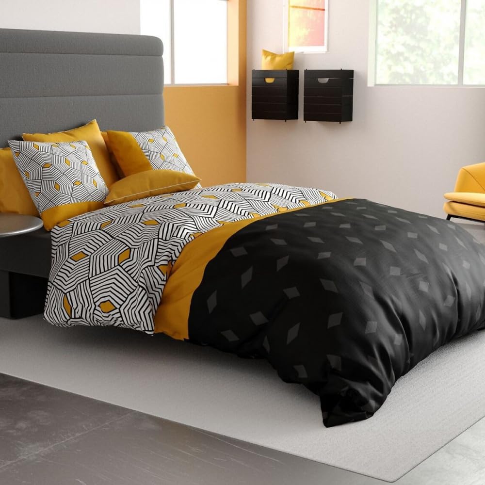 Housse de couette 260x240 cm pour illuminer une chambre moderne aux tons jaunes et noirs