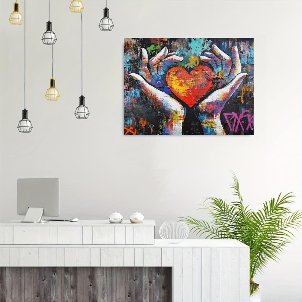 Cuadro de Banksy "Corazón vibrante con manos coloridas" (60x120cm/con marco)