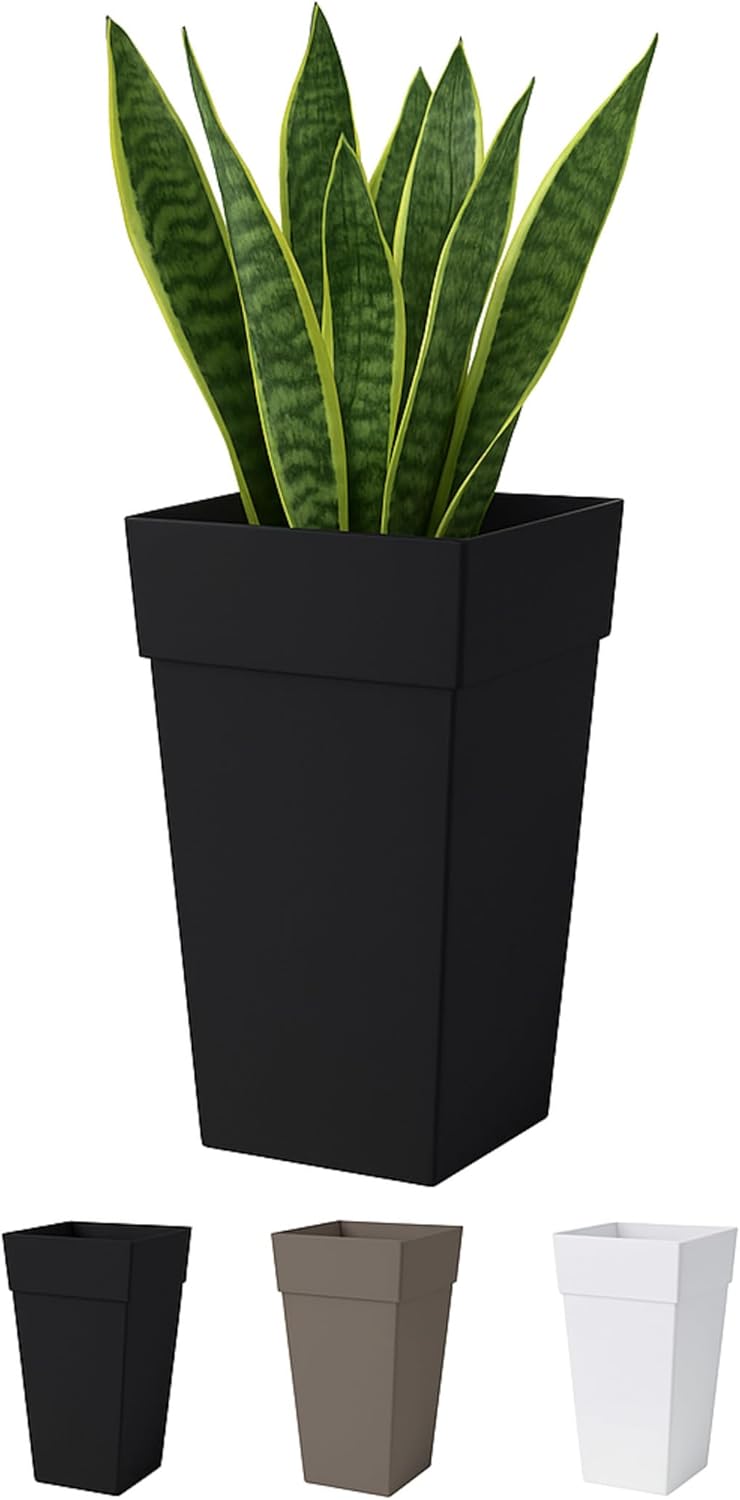 Bloem Finley 20" Tall Square Peppercorn Plastic Resin Planter with Drainage Holes for Indoor and Outdoor Gardening