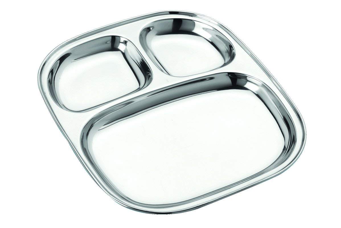 Lot de 12 assiettes ovales à trois compartiments en acier inoxydable - 28 cm chacun