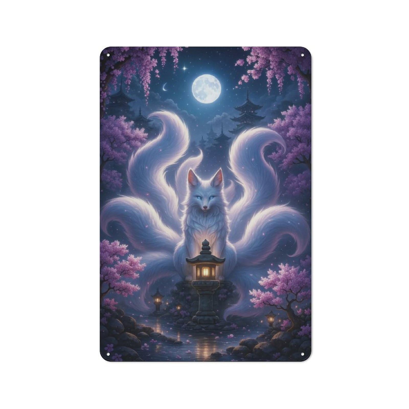 Junmoney Style-14 Nine-Tailed Fox In Moonlight Garden Printed Metal Sign 30X20cm For Lounge Or Reading Corner, For Retro Home Interiors, For Garage And Workshop Walls