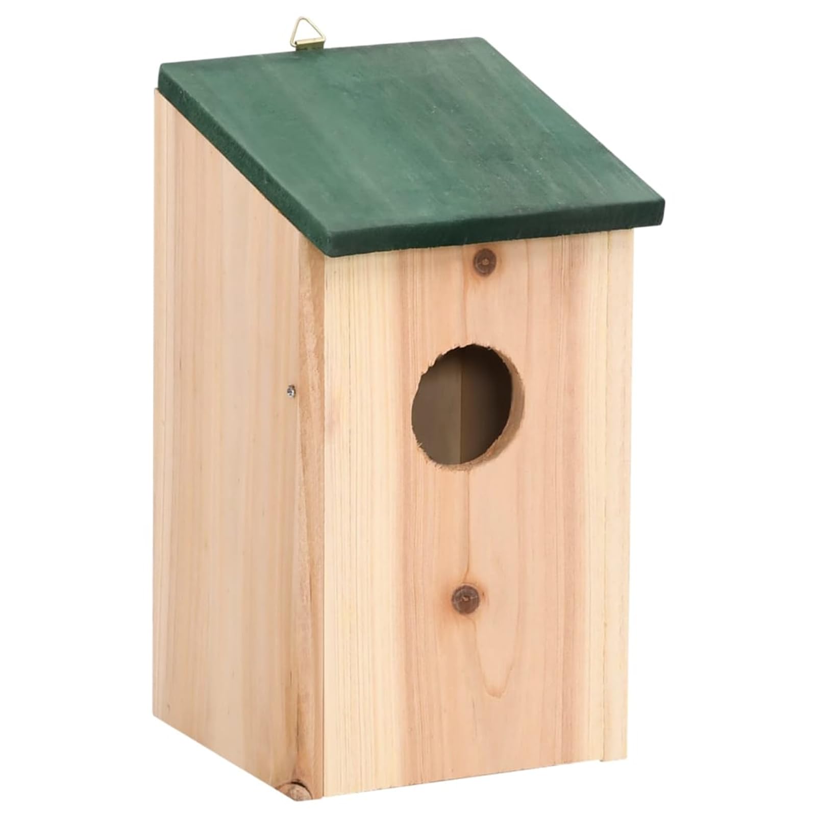 Casetta per Uccelli in Legno di Pino, 4 Pezzi con Tetto Verde e Gancio in Metallo, Dimensioni 12x12x22 cm, Foro 4 cm, Decorazione da Giardino