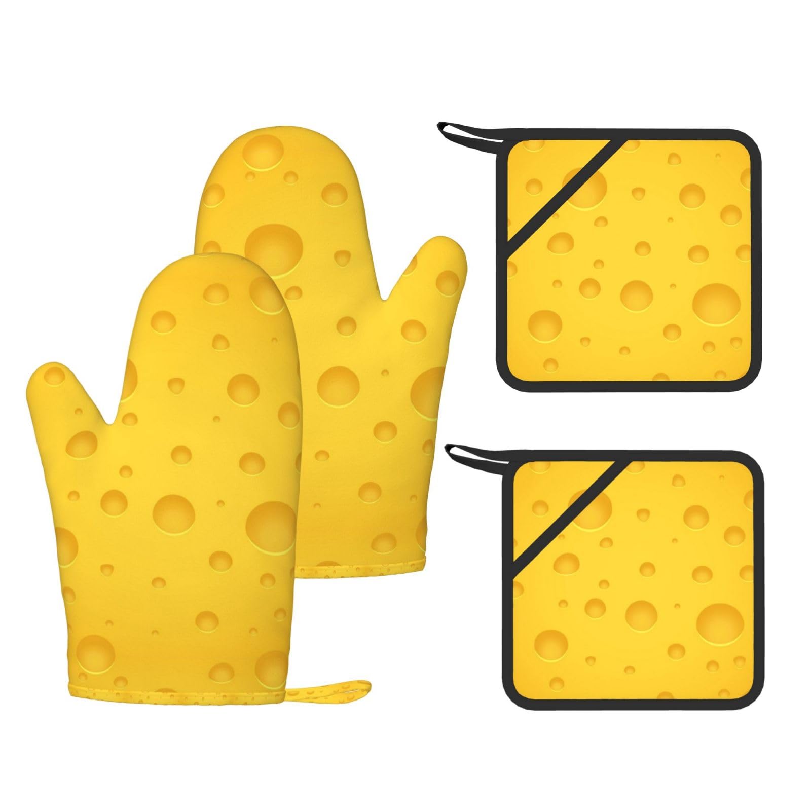 Ensemble de Quatre Gants et maniques résistants à la Chaleur, Gants de Cuisine antidérapants, Gants de Four, Couleur Fromage Jaune