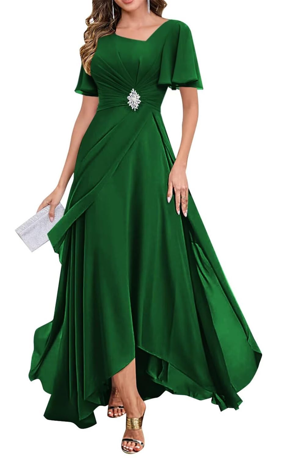 Yiann Women's Emerald Green Chiffon Long Mother Of The Bride Dresses For With Sleeves Pleated Formal Evening Dress Uk16