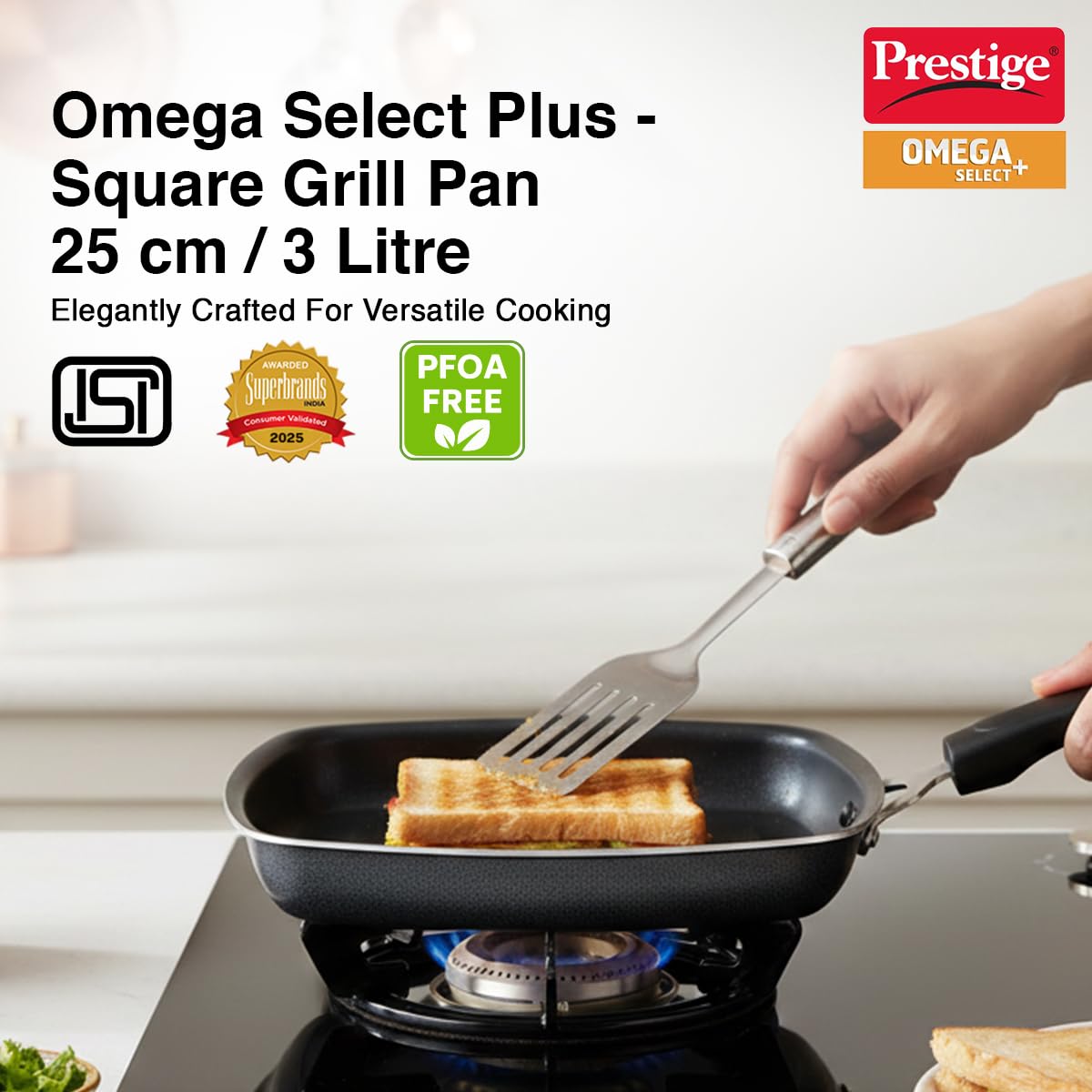Prestige Omega Select Plus Square Induction Base Non-Stick Aluminium Grill Pan 25 Cm, Black|Nonstick Coating|3 Layer; Finish|Metal Spoon Friendly