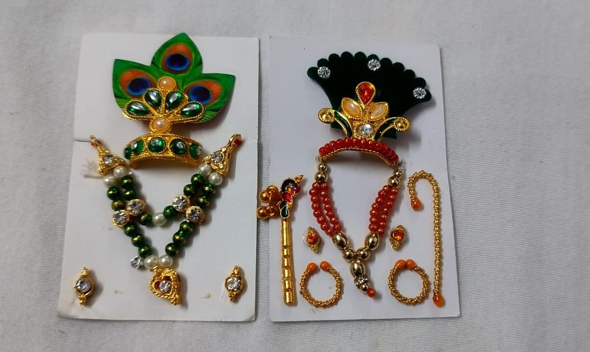 Laddu Gopal Mukut Mala Shringar Combo Set with Bansuri, Kundal, Kade & Chhari (6 Items) for Krishna Idol Size 1,2 no. Ascessories Set of 2