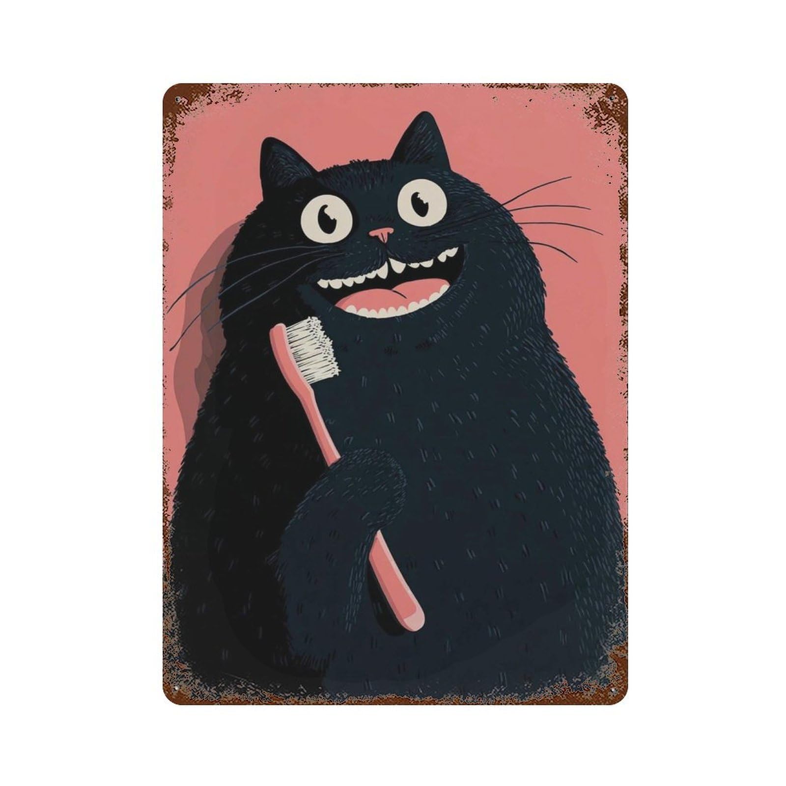 xiaoxiaoshen Funny Cat Black Bathroom Quirky Animal with Toothbrush Whimsical Cute Feline Wall Decor Art Metal Tin Poster Modern Home Decor Art Home Bar Shop Decorations Vintage Sign 40x30cm