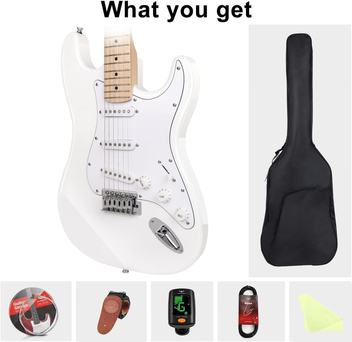 Electric Guitar Beginner Kits, 6 Strings 39 Inch Solid Body Guitarra Electricar Set for Adults With Gig Bag, Strap, Tremolo Arm, Cable & Picks MS100 (White)