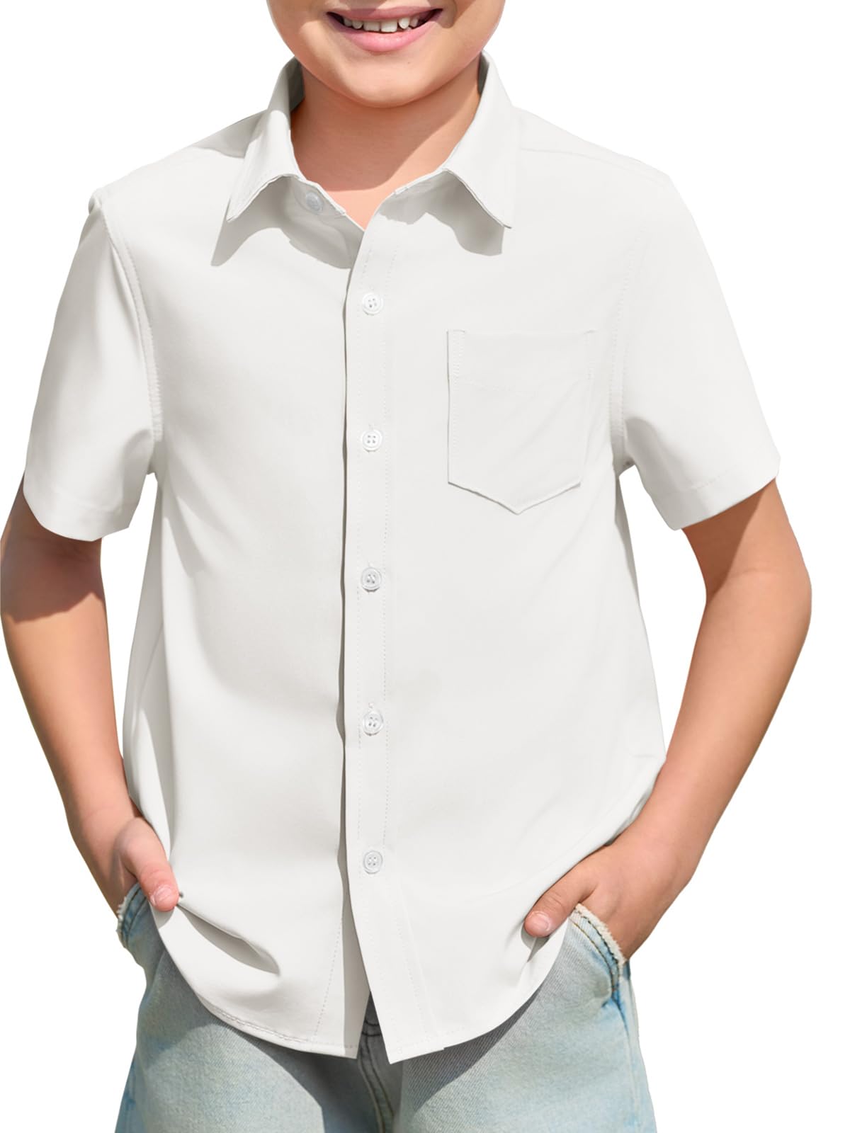 Haloumoning Boys Dress Shirts Button Down Short Sleeve Shirt Kids Summer Casual Shirts with Pockets 5-14 Years