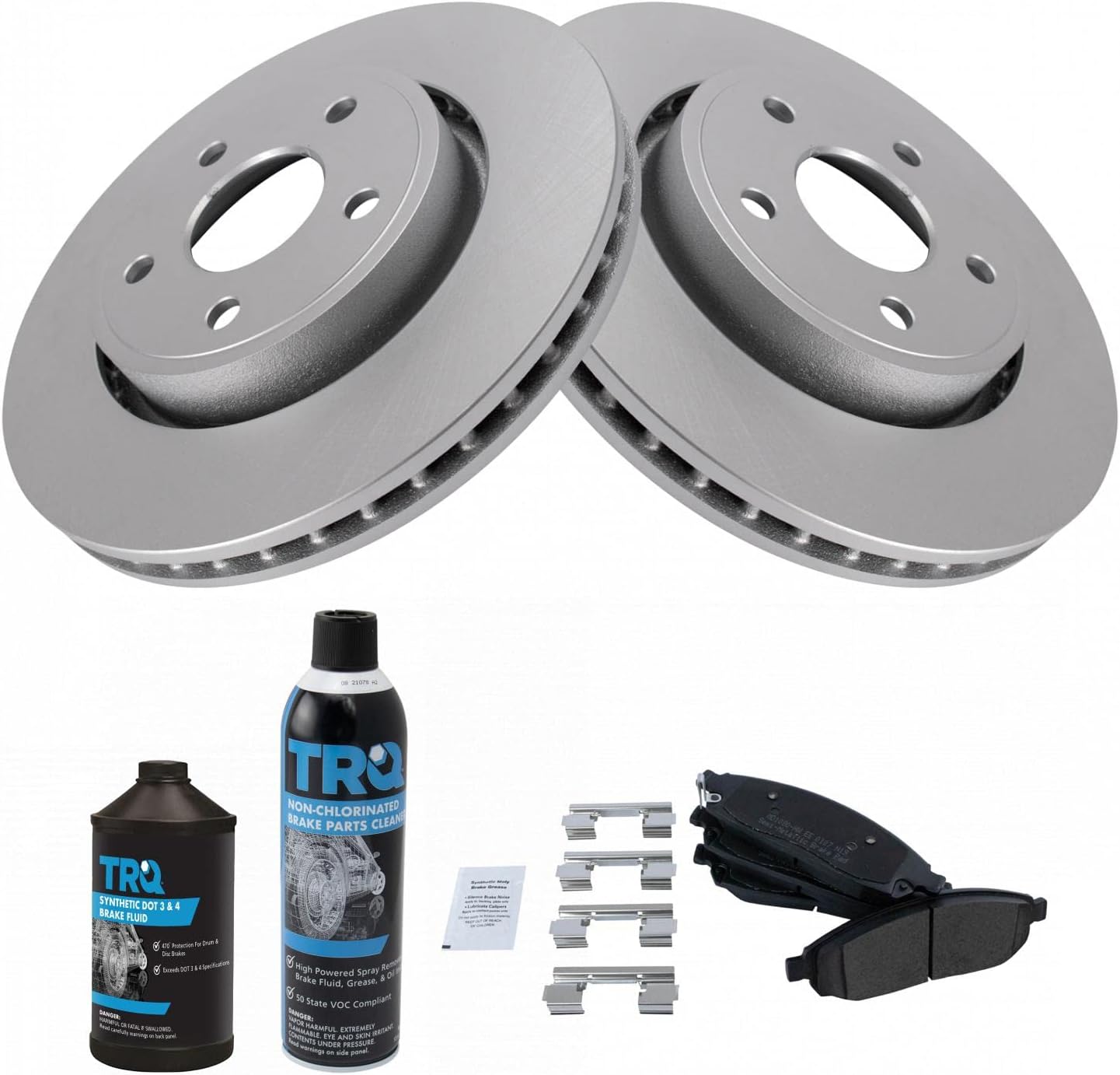 TRQ Front Brake Pad & Rotor Kit Brake Chemical Kit Brake Pads Brake Rotor Semi-Metallic Premium G-Coated Compatible with 2006-2010 Jeep Commander 2005-2010 Grand Cherokee