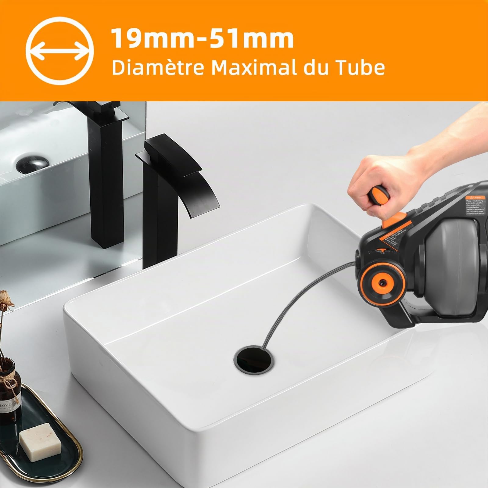 18V Furet Déboucheur Canalisation Avec 7,6m Acier à ressort Arbre Télescopique pour 19-51mm Tuyaux, Tarière de Vidange sans Fil pour Toilettes, Cuisine, Salle de Bains (Batterie Incluse)