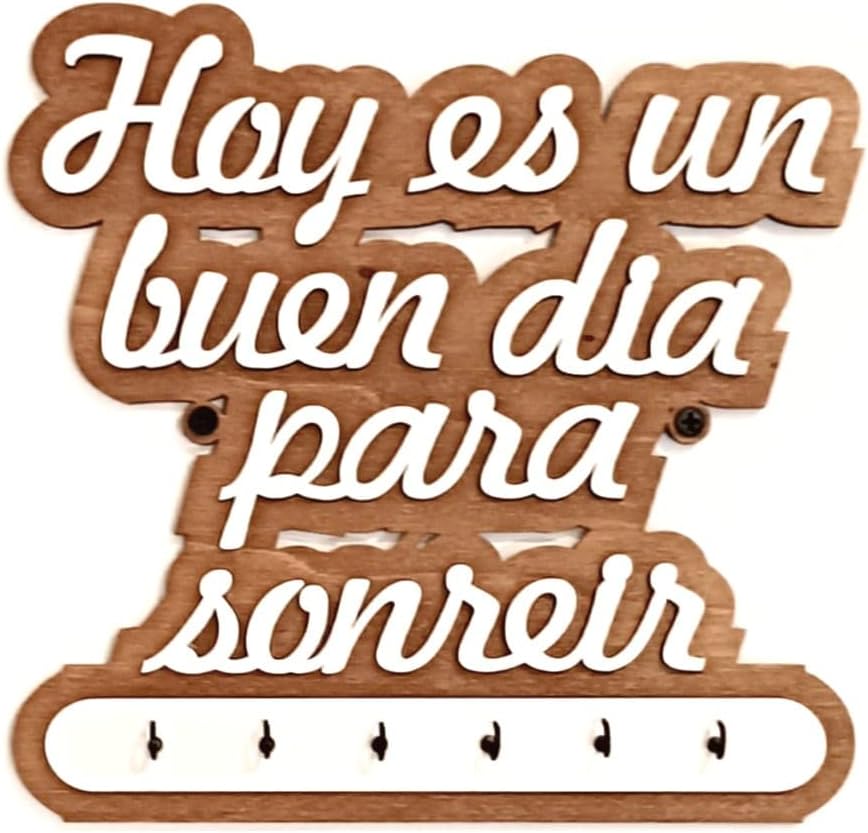 VEJO Colgador Llaves de Pared Hoy es un buen día para sonreír 6 Ganchos/ Portallaves de Madera para Casa/ Decorativo para Cocina/Ganchos en Metal/Decoración Vintage