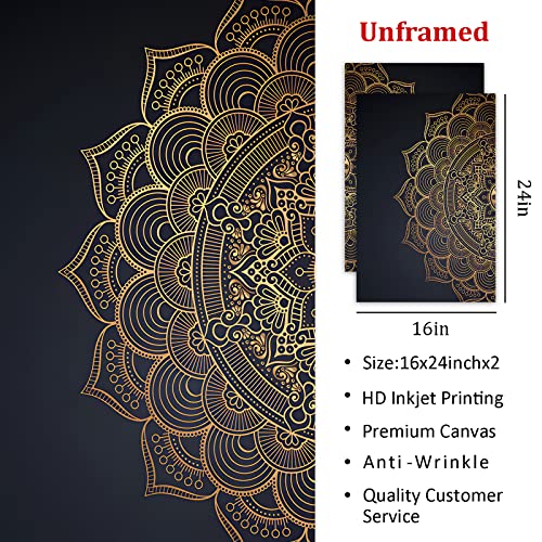 Boho Mandala Pictures Vintage Flower Pattern Canvas Wall Art Mandala Picture Black And Gold Flower Painting Abstract Mandala Wall Art Moroccan Poster Black And Gold Flower Painting 16X24Inx2 Frameless #TOP3