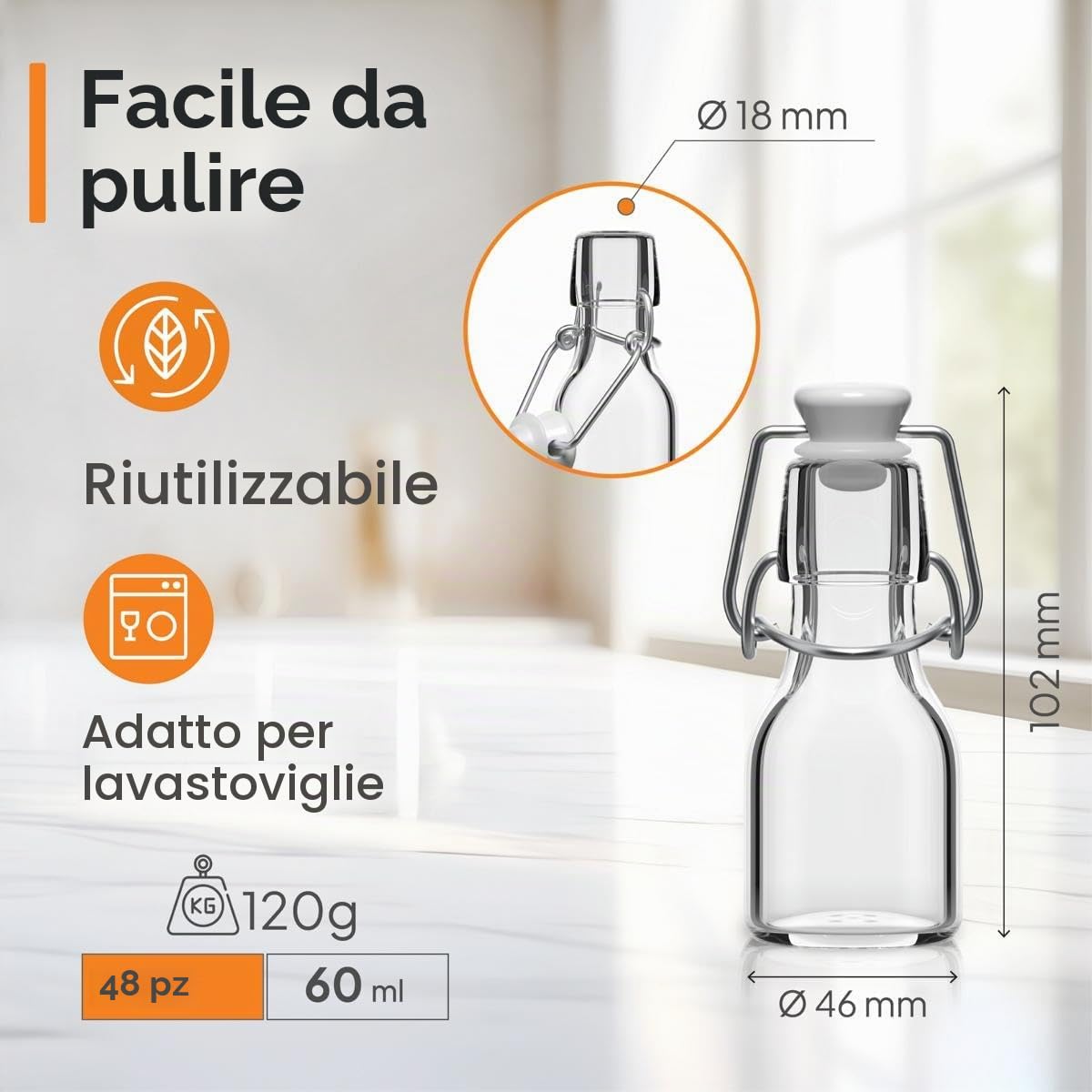 Set di 48 Bottiglie in Vetro da 60ml con Chiusura Ermetica - Bottiglia per Olio, Vino, Liquori, Acqua, Birra, Succhi di Frutta, Conserve e Latte - Bottigliette di Vetro piccole