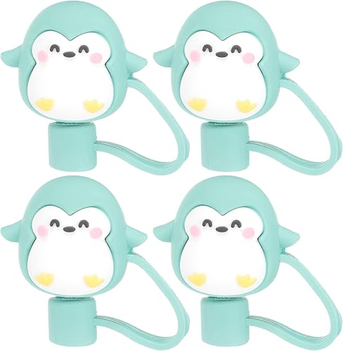 Miniatura 7 de PartyKindom 4 fundas de paja de pingüinos con diseño de dibujos animados, reutilizables, de silicona, para decoración de fiestas