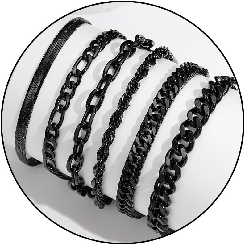 Zocomi 6 Pcs Chain Bracelet for Men Women - Stainless Steel Cuban Curb Link Rope Paperclip Figaro Herringbone Chain Bracelets Set Jewelry Gifts for Man Woman Boys 6.5/7/7.5/8.3/9/9.5 Inches