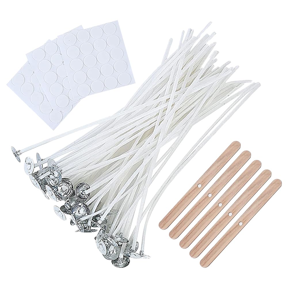HugeDE 100 Pcs Cotton Candle Wicks Soy Wax Beeswax Candle Wicks Thick Braided Candle Wick 5 Pcs Wooden Candle Wick Holders 60 Pcs Wick Stickers for Candle Making 20cm