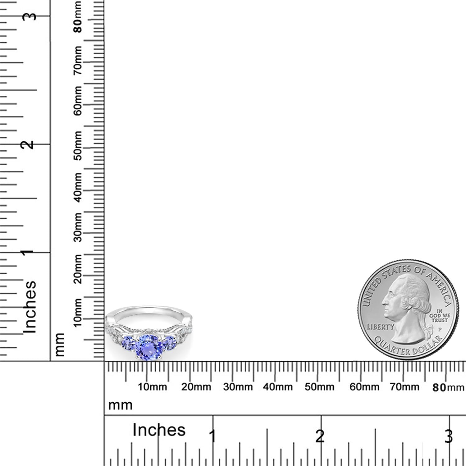 Gem Stone King 1.47 Cttw Blue Tanzanite and White Moissanite 3-Stone Engagement Ring For Women | 925 Sterling Silver | Gemstone December Birthstone | Round 6MM and 3MM | Available In Size 5-9