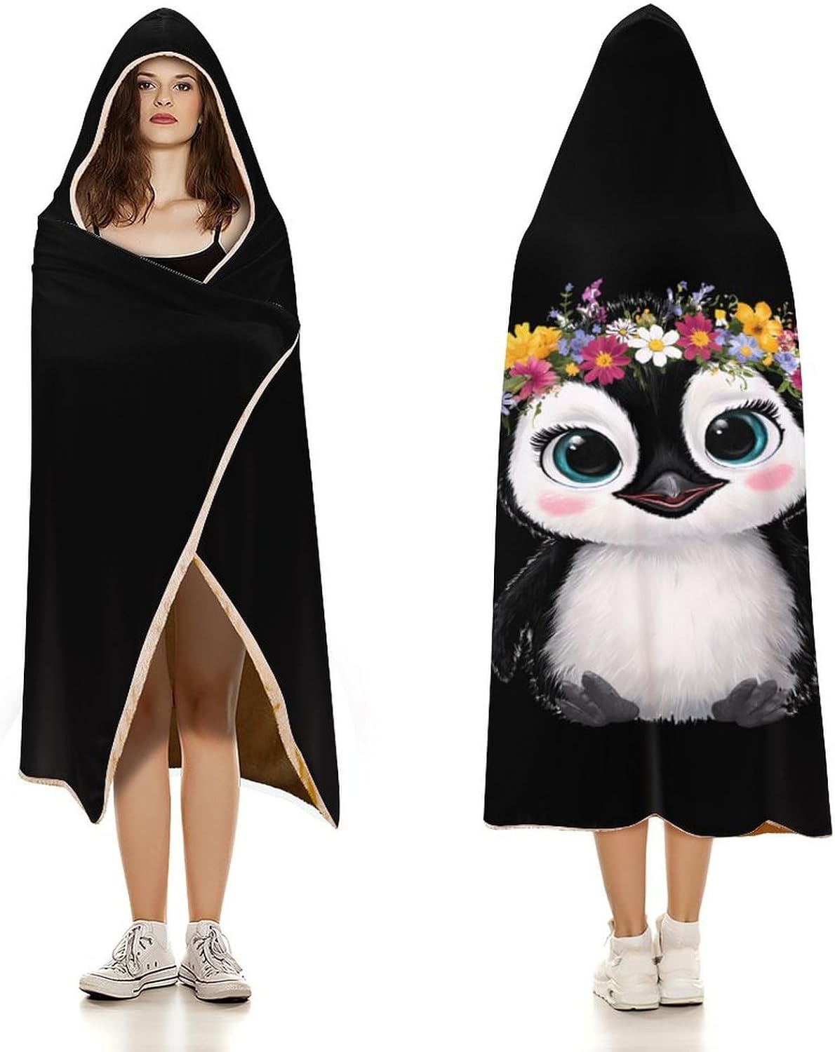 Cute Penguins Wearable Blanket Oversized Throw Cape | Cozy Hooded Blanket Gifts for Women Men
