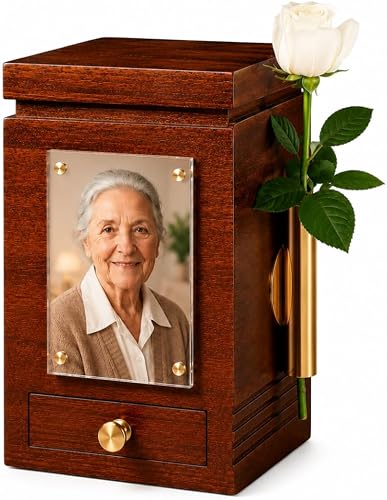 Solid Wooden Urn for Adult Ashes | 200 Cu in Cremation Urn with Magnetic Lid, Keepsake Drawer, Optional Photo Frame & Flower Holder Attachments | Premium Handcrafted Wood Urns for Human Ashes