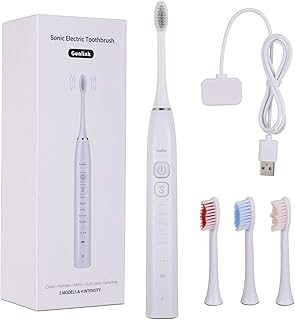 JMFBeauty Cepillo de dientes eléctrico sónico, temporizador de 2 minutos, 4 cabezales de cepillos, 5 programas de limpieza, funda de carga USB y jarrón de viaje (color blanco)