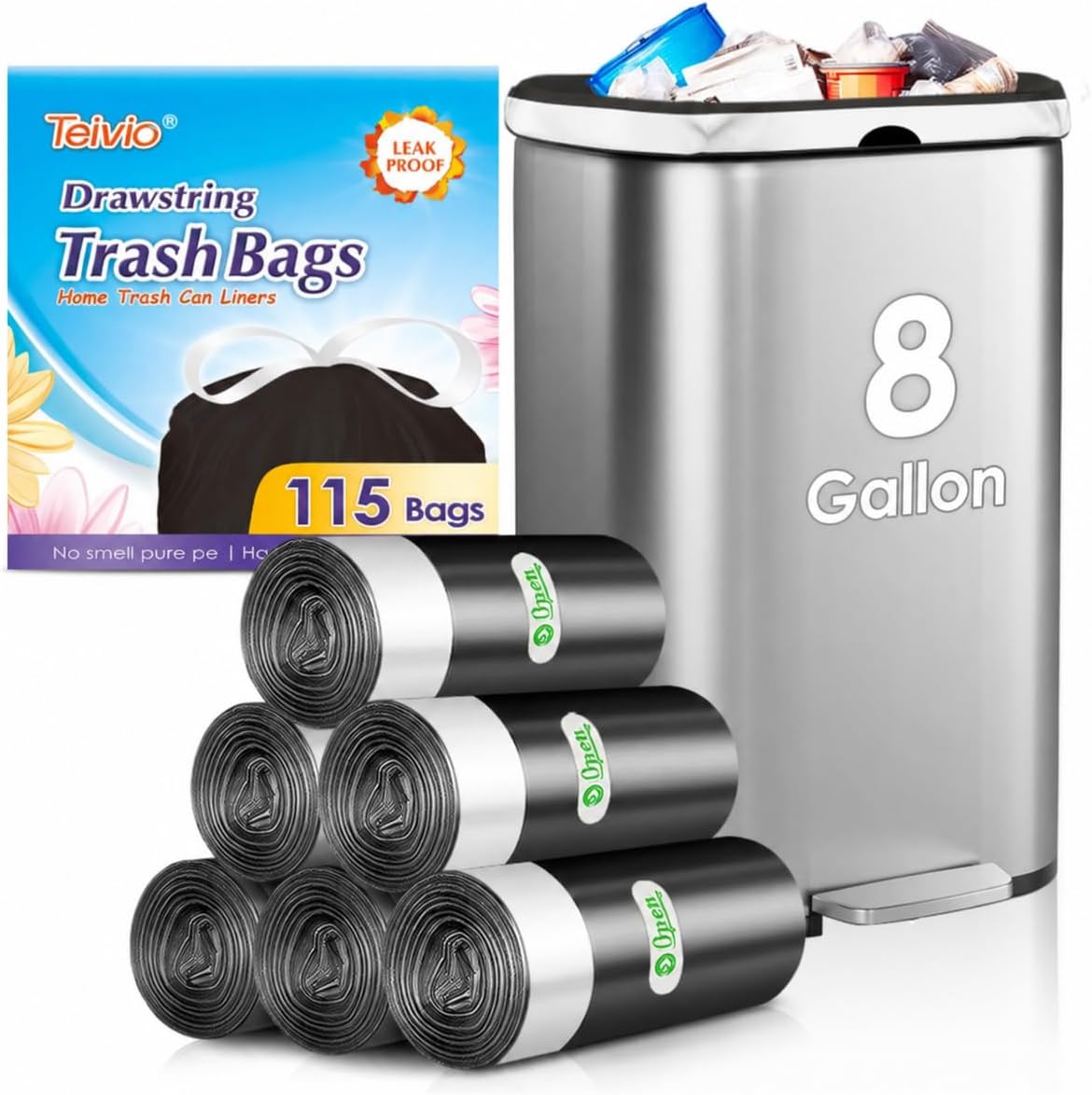 8 Gallon Small 115 Counts Strong Drawstring Trash Bags Garbage Bags by Teivio, Bathroom Trash Can Bin Liners, Plastic Bags for home office kitchen, Black