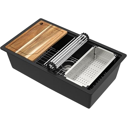 Granite Composite Kitchen Sink - 32 Inch Granite Kitchen Sink Undermount Workstation Black Quartz Under Counter Single Bowl Sinks Basin 32"x19" #TLGU-101