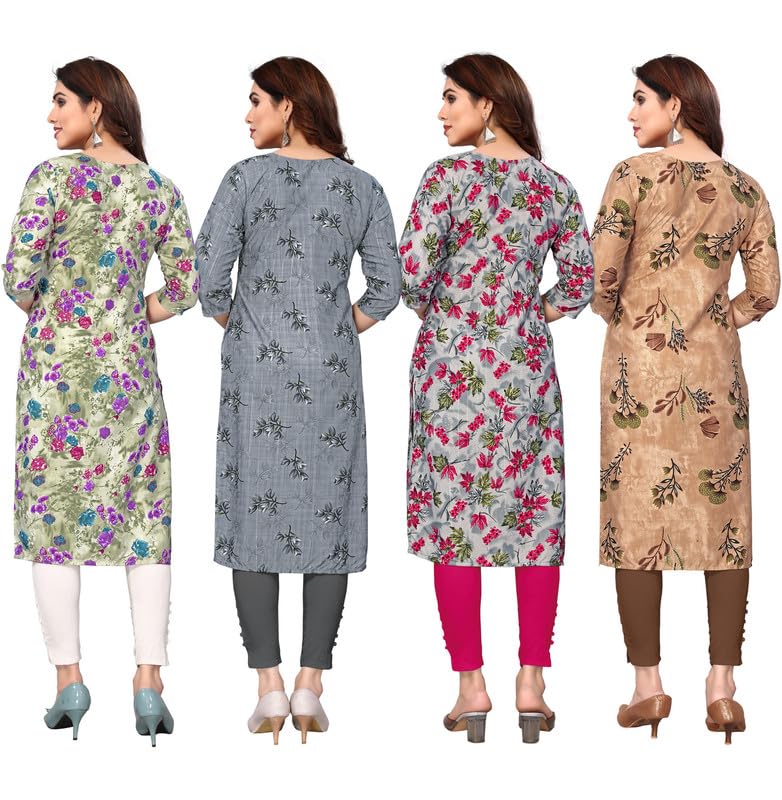 Image of JAKHANA Women's Crepe Printed Casual Straight Calf Length Round Nick Kurta Pack of 4