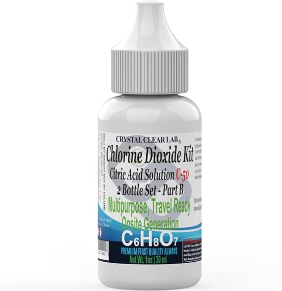 Crystal Clear Lab Chlorine Dioxide - 2 Oz Citric Acid Solution in Distilled Water (2 Bottles)