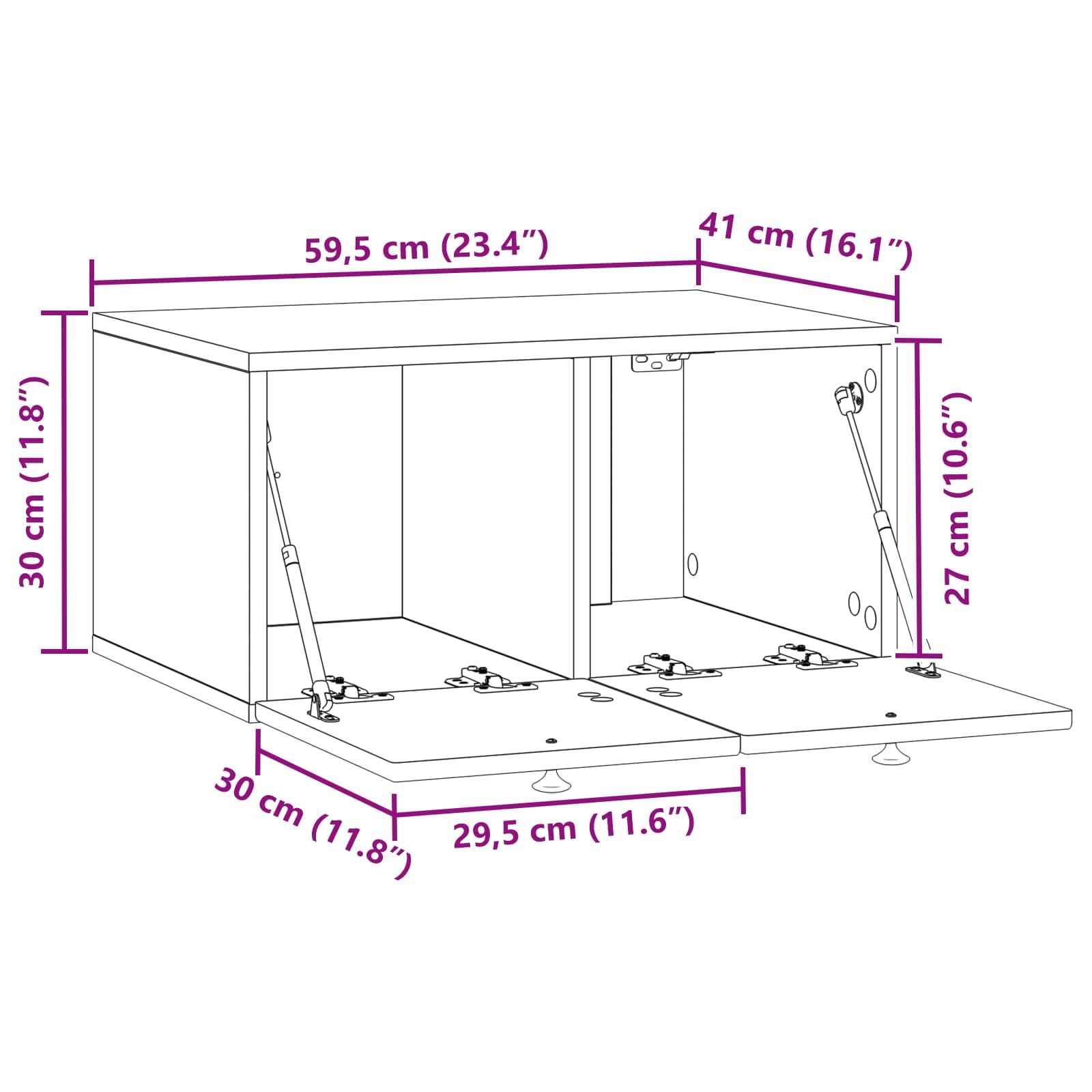 Mueble para TV montado en la pared, color blanco brillante, 59,5 x 41 x 30 cm, mueble bajo flotante de madera, moderno mueble de TV colgante para sala de estar con 2 puertas y espacio de