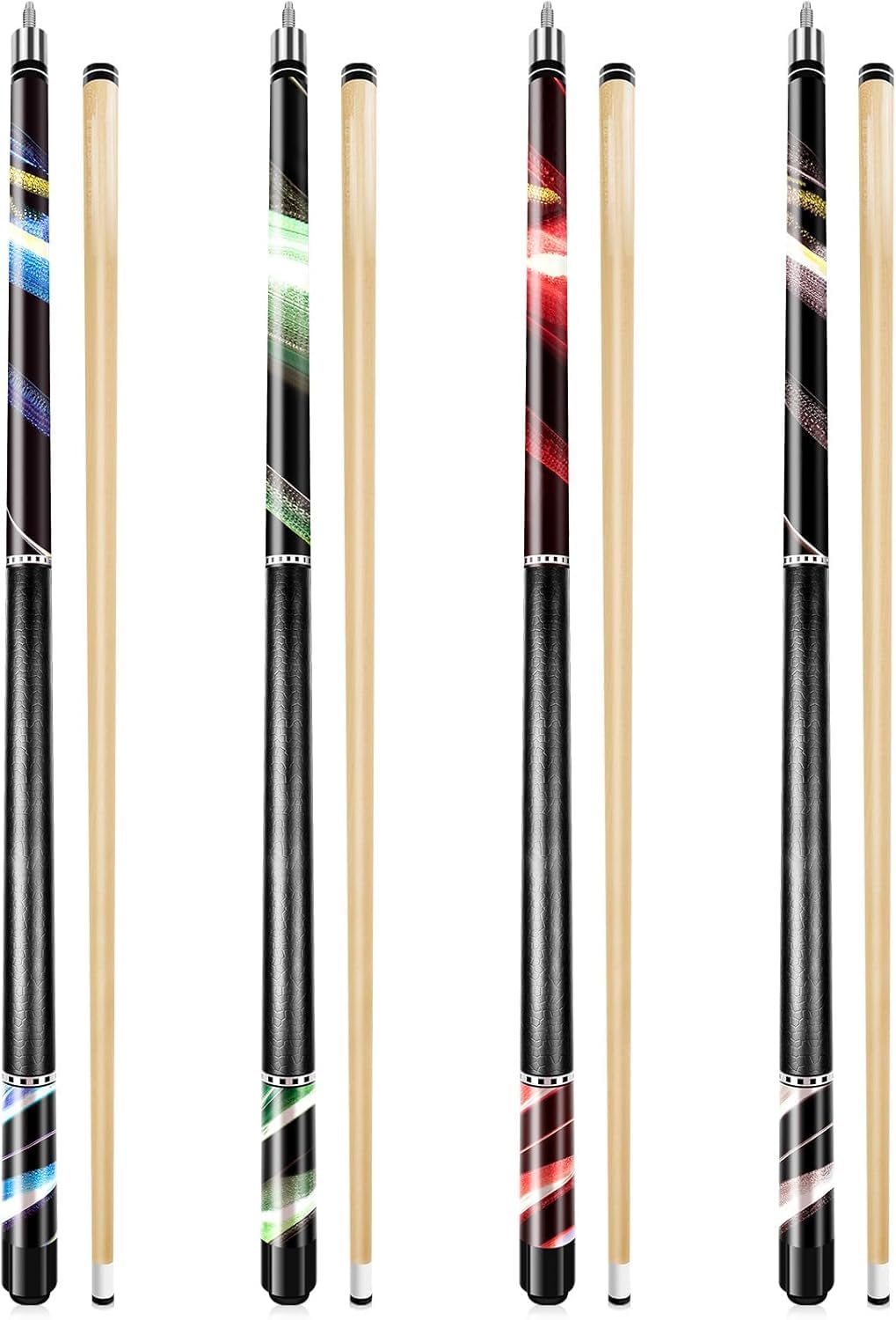 Wakefa 58 inch Pool Sticks Set of 4, 13mm Tip Pool Cues Billiard Cue Sticks for House Bar, Maple Wood Pool Table Sticks for Professional Billiard Players 18 19 20 21 oz-C43
