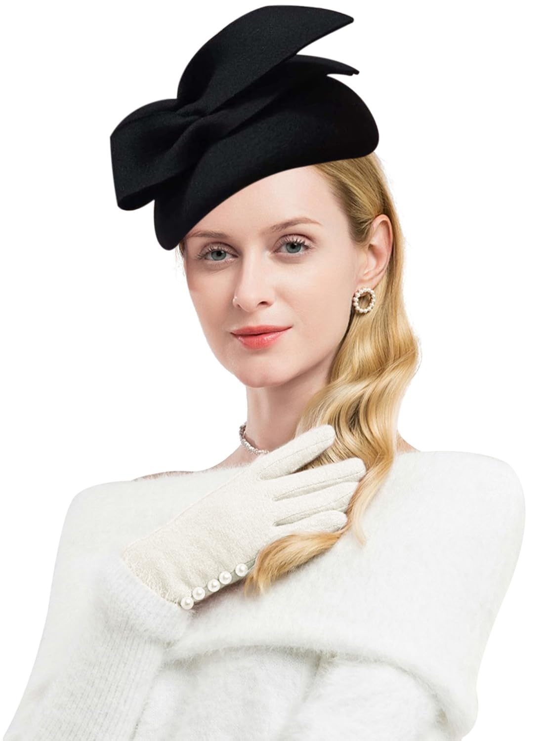 ELLYDOOR Wool Fascinator Pillbox Hat Winter British Wool Felt Hat for Women Wedding Church Hat Flower Fedoras, 2028 Black, One Size