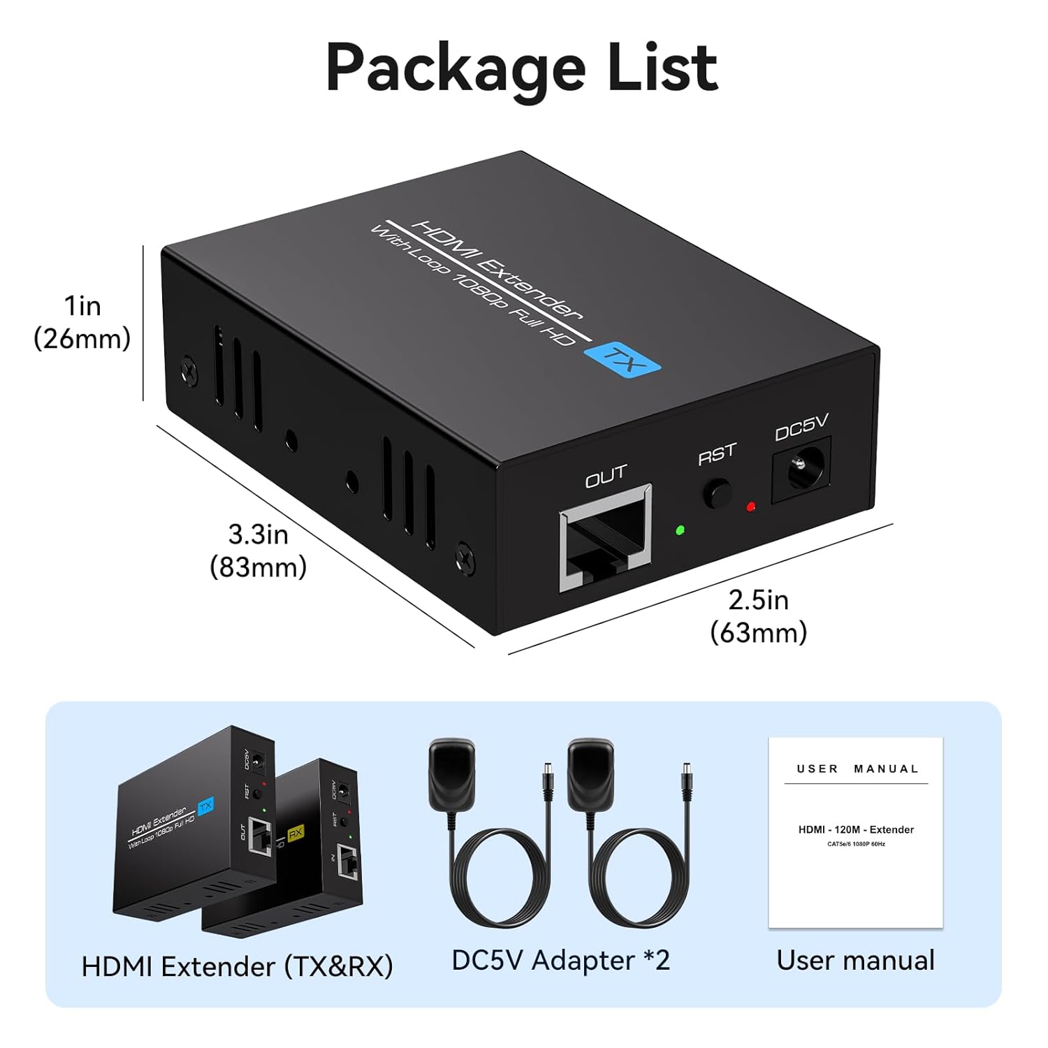 400ft HDMI Extender Over Cat5e/6 1080P HDMI Monitor Extender Over Single Ethernet Up to 120m with Loop Output and Automatic EDID Functions