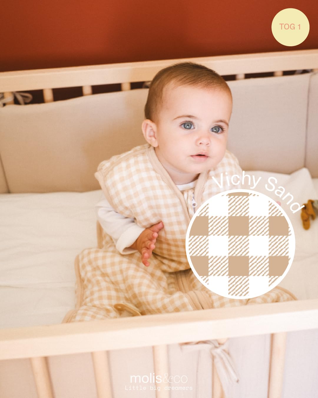 molis&co - Saco Dormir Bebé TOG 1-95 cm (18-36 Meses) - Saco Dormir Bebe Primavera y Otoño sin Mangas - Saco de Dormir Bebe para Niños Niñas (Unisex) - Muselina de Bambú Premium - Vichy Sand