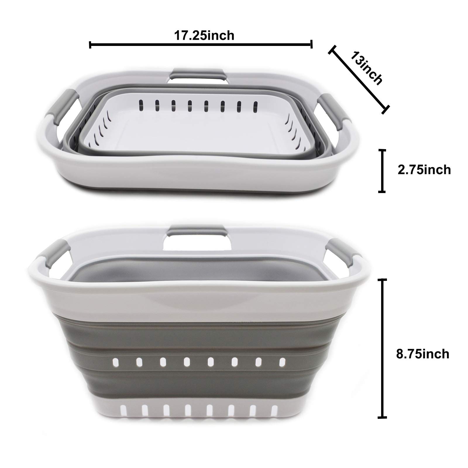 SAMMART Cestino pieghevole in plastica con 3 manici, 19 l, super mini, pieghevole, salvaspazio, colore: bianco/grigio