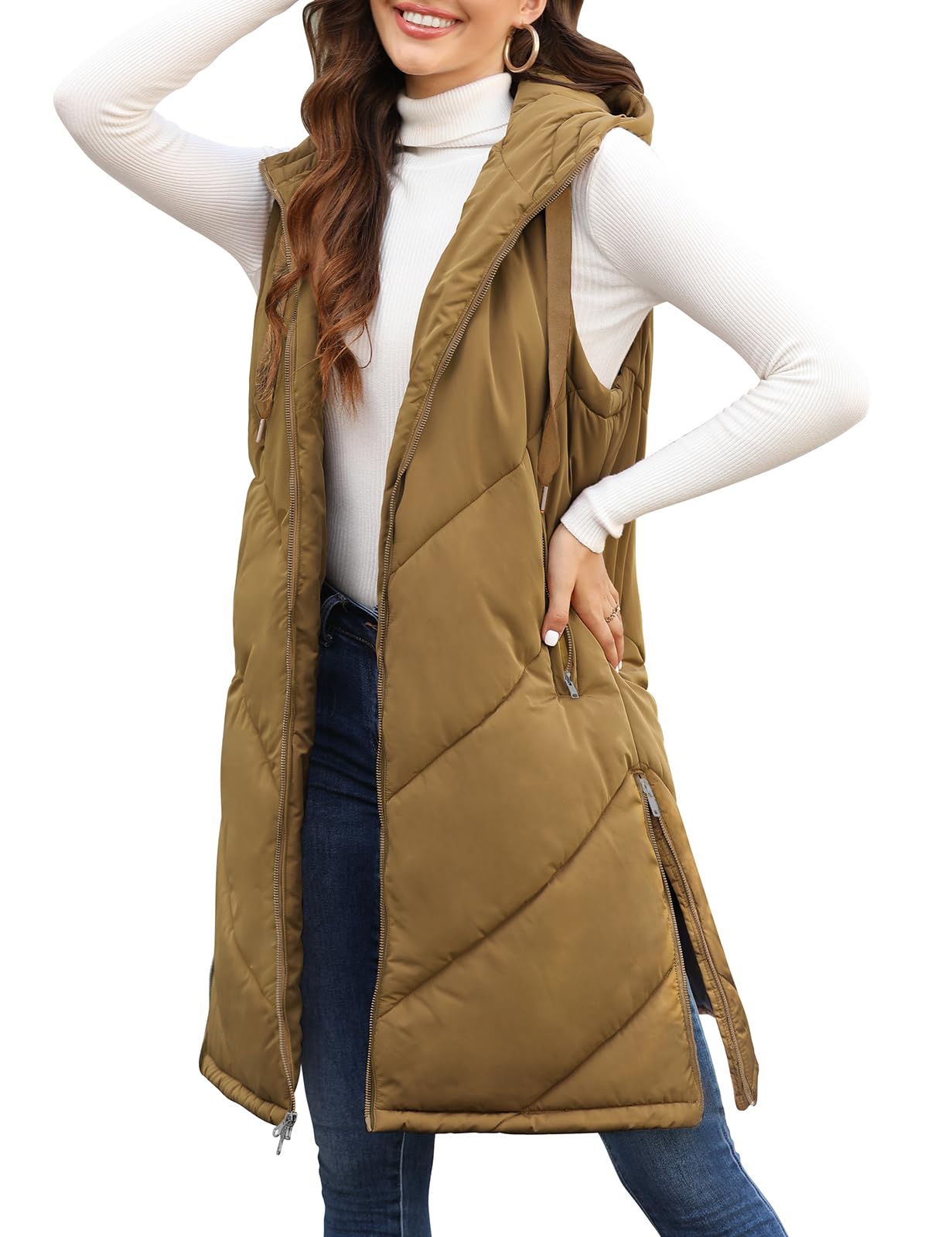 Womens Puffer Vest Sleeveless Hooded Long Puffy Vests Zip Up Quilted Thick Winter Jackets Outerwear with Pockets-image-21